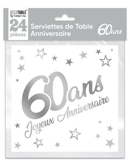 24 serviettes 60 ans argent